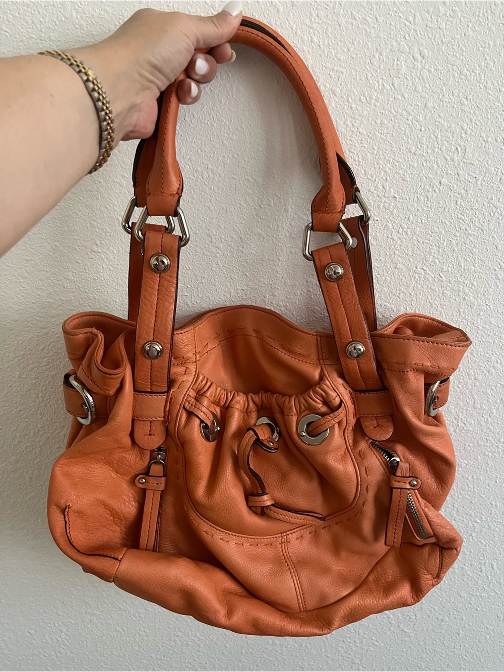 b. makowsky Orange Leather Shoulder Bag with Silver Hardware